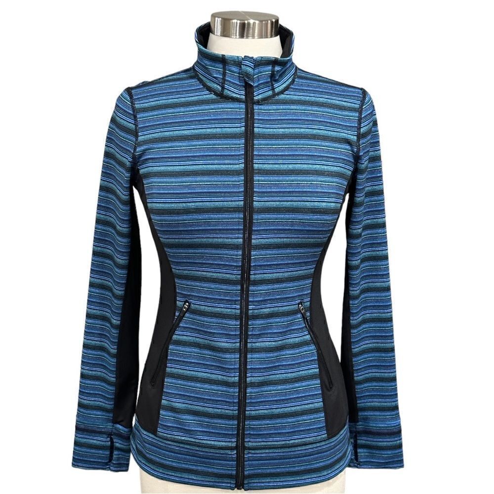 Ideology Women’s Active Striped Jacket in the Size Small in Multi/Blue/Black